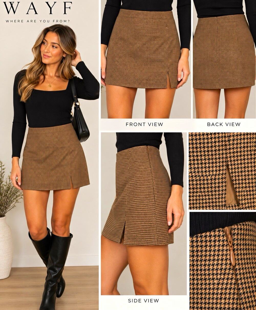 WAYF Brown Black Houndstooth Lined Side Zip Slit High Rise Mini Skirt S